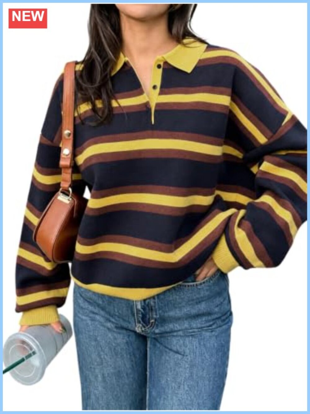 Striped Polo Sweater Long Sleeve Pullover Knit Top
